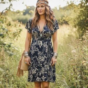 Tash & Sophie Navy Floral Wrap Dress Size L | Boho Flutter Sleeve V-Neck Midi